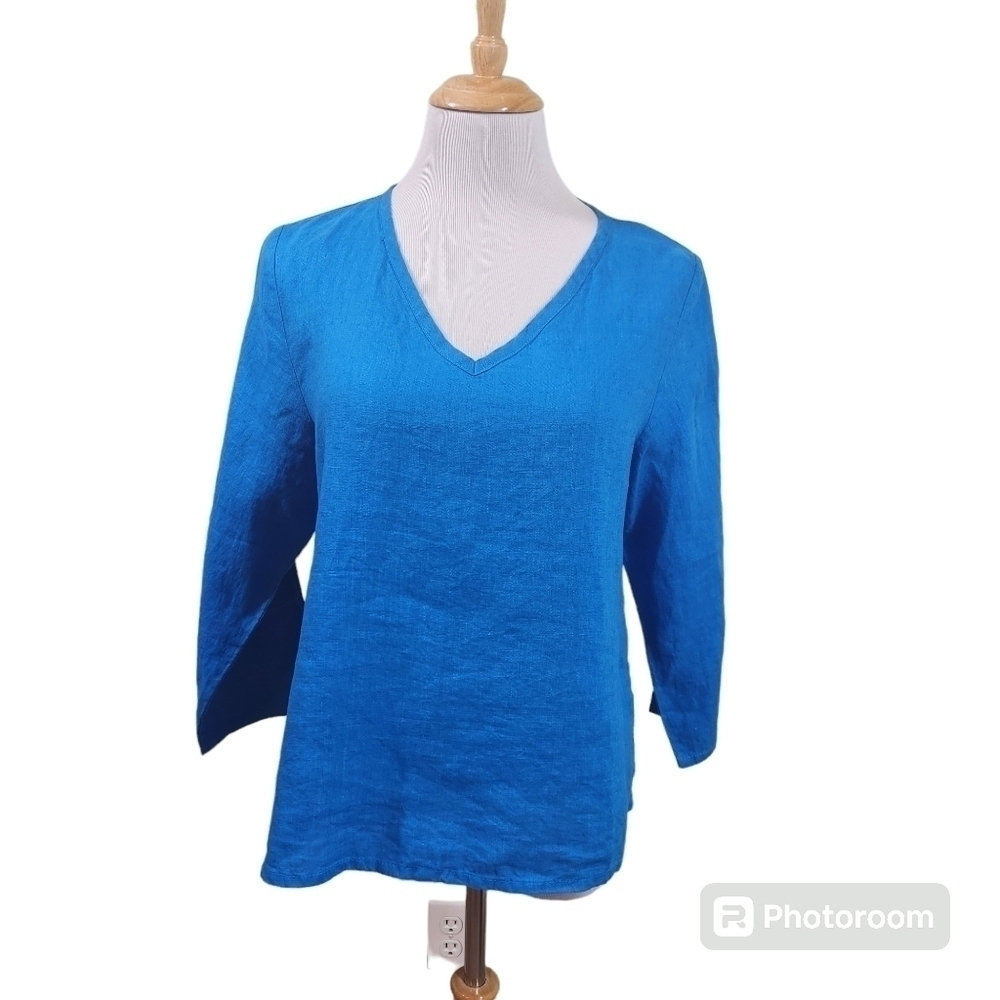 Flax 100% Linen Top V Neck 3/4 Sleeve Blue sz S Relaxed Fit